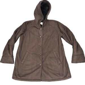 Liz Claiborne Coat Jacket Womens XL Brown Hooded Faux Suede Fur Lined Button